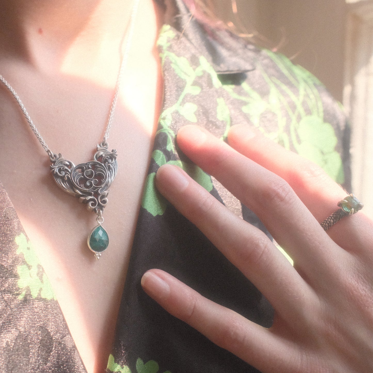 Sterling Silver Art Nouveau Heart Necklace green emerald version