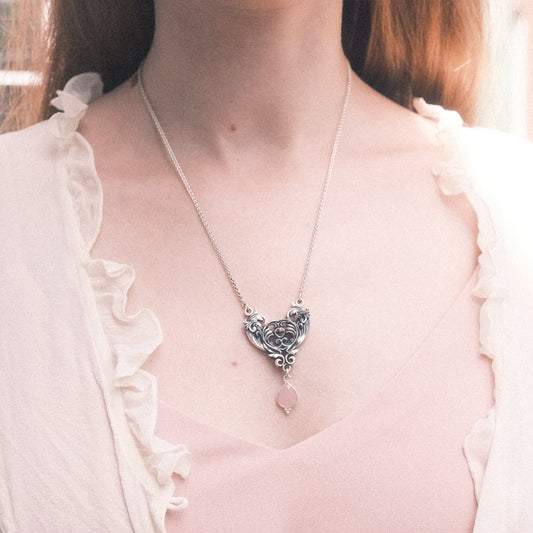 Sterling Silver Art Nouveau Heart Necklace pink chalcedony version