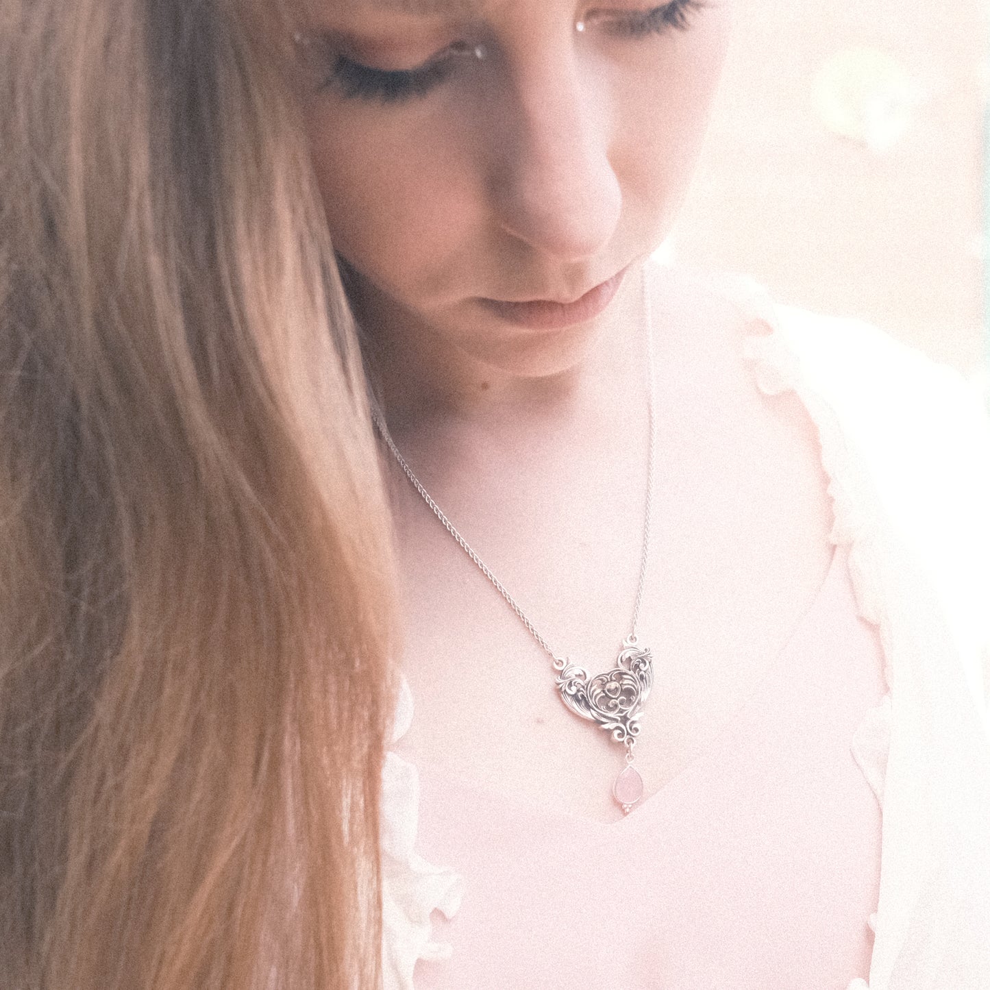 Sterling Silver Art Nouveau Heart Necklace pink chalcedony version