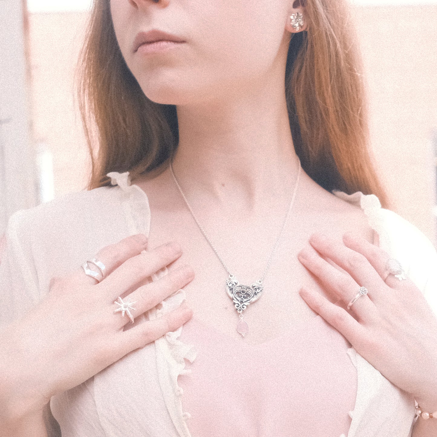 Sterling Silver Art Nouveau Heart Necklace pink chalcedony version
