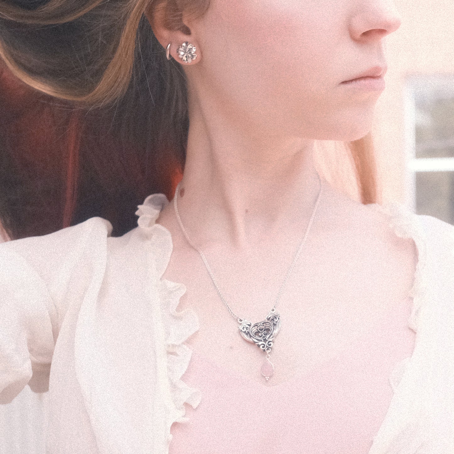 Sterling Silver Art Nouveau Heart Necklace pink chalcedony version