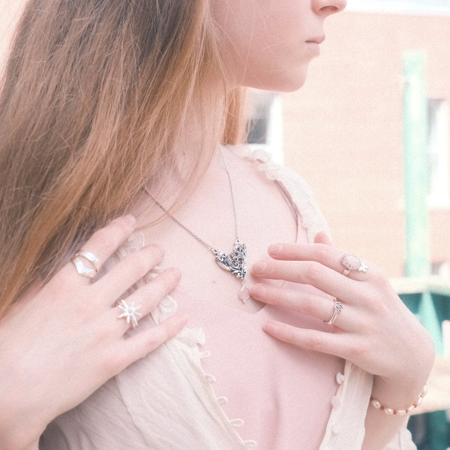 Sterling Silver Art Nouveau Heart Necklace pink chalcedony version
