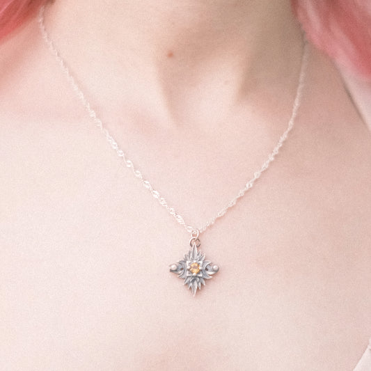 Sterling Silver Starbound Necklace Golden Yellow version with sapphire & pearls