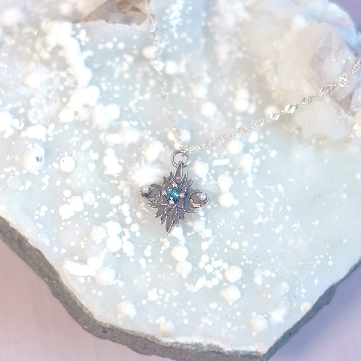 Sterling Silver Starbound Necklace Blue version with sapphire & pearls