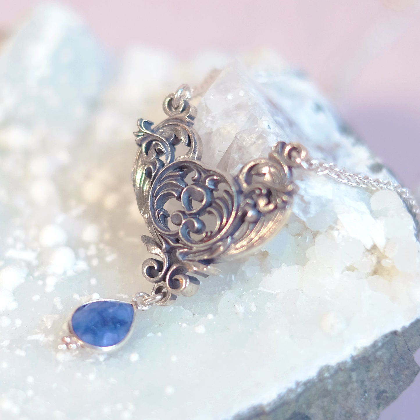 Sterling Silver Art Nouveau Heart Necklace blue sapphire version