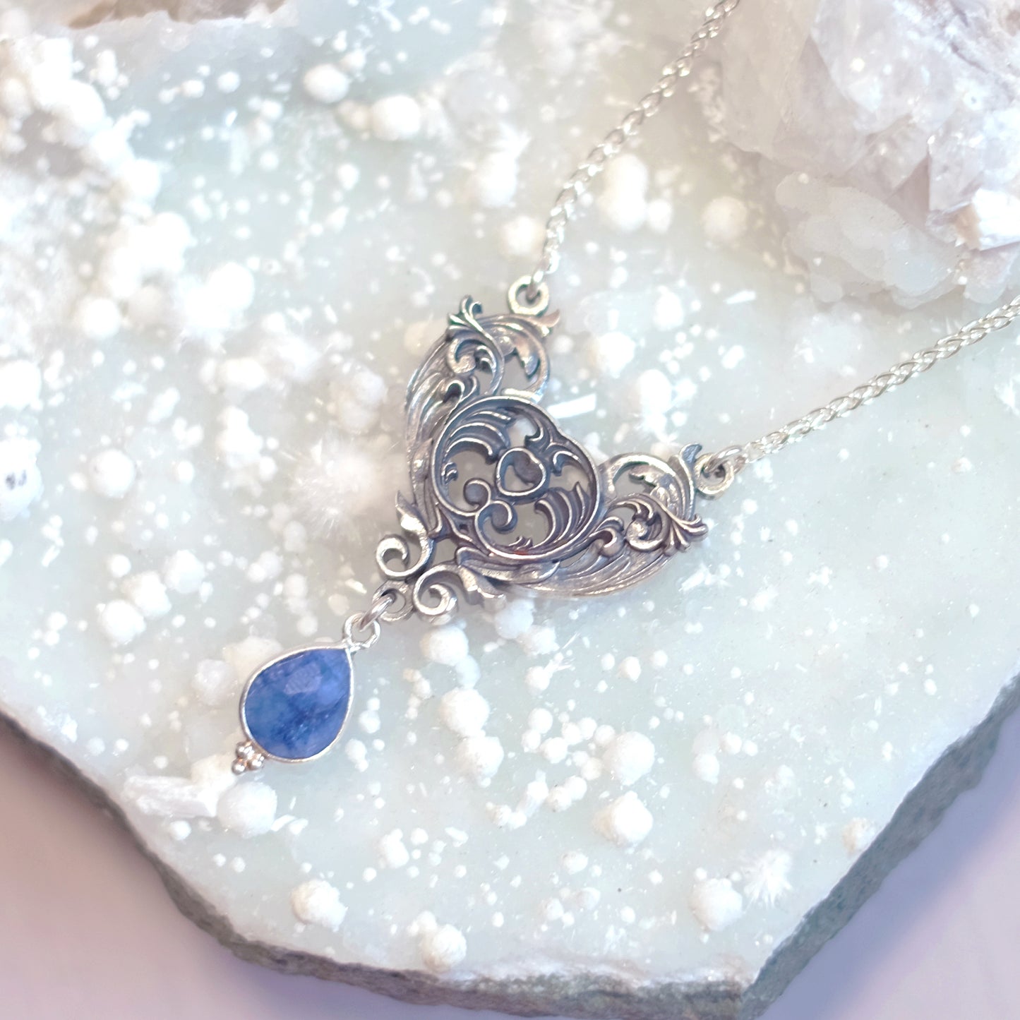 Sterling Silver Art Nouveau Heart Necklace blue sapphire version