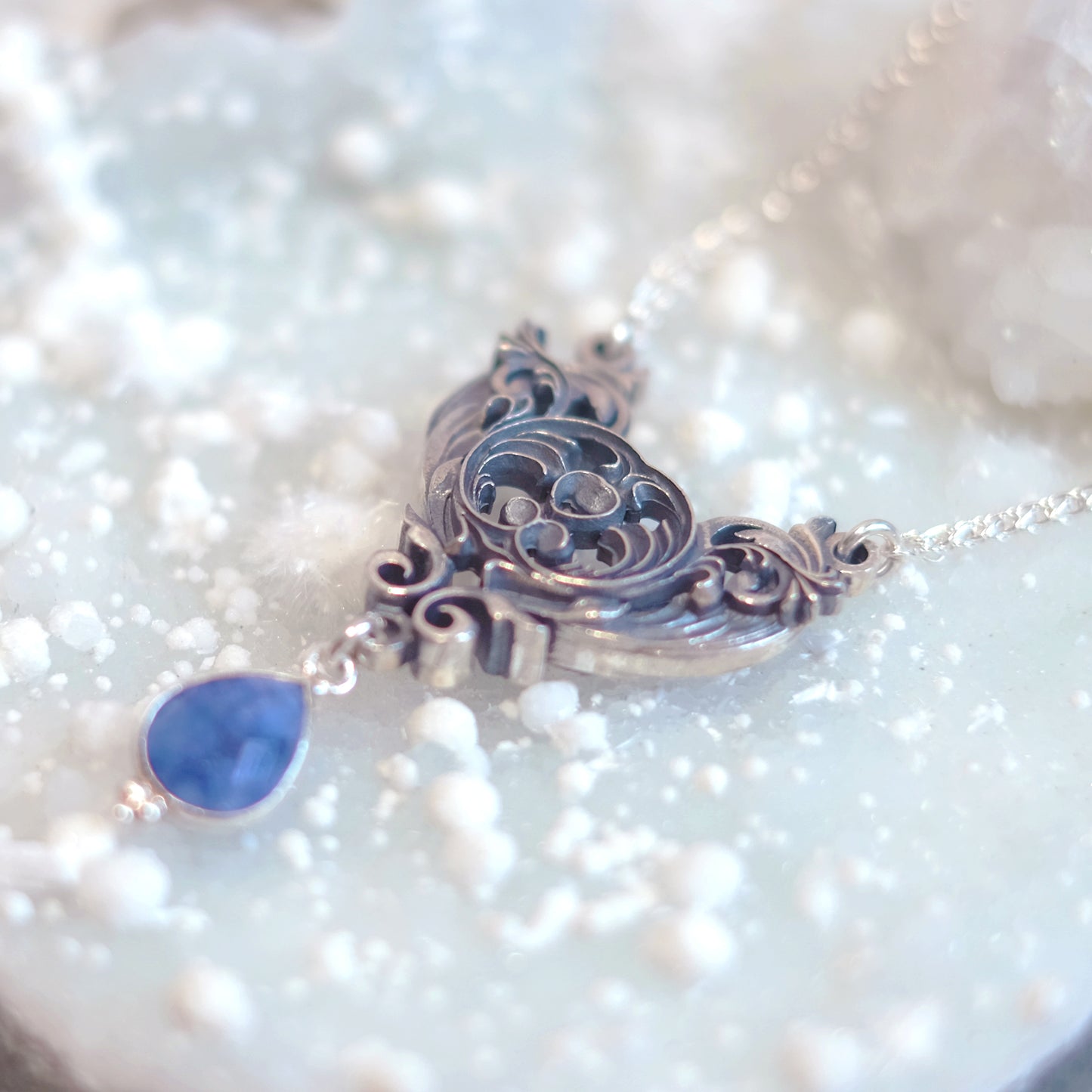 Sterling Silver Art Nouveau Heart Necklace blue sapphire version
