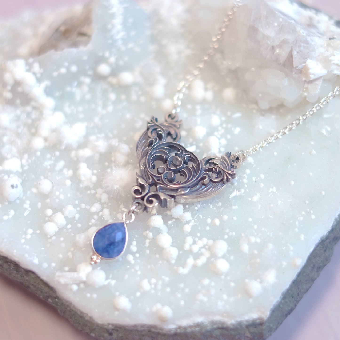 Sterling Silver Art Nouveau Heart Necklace blue sapphire version