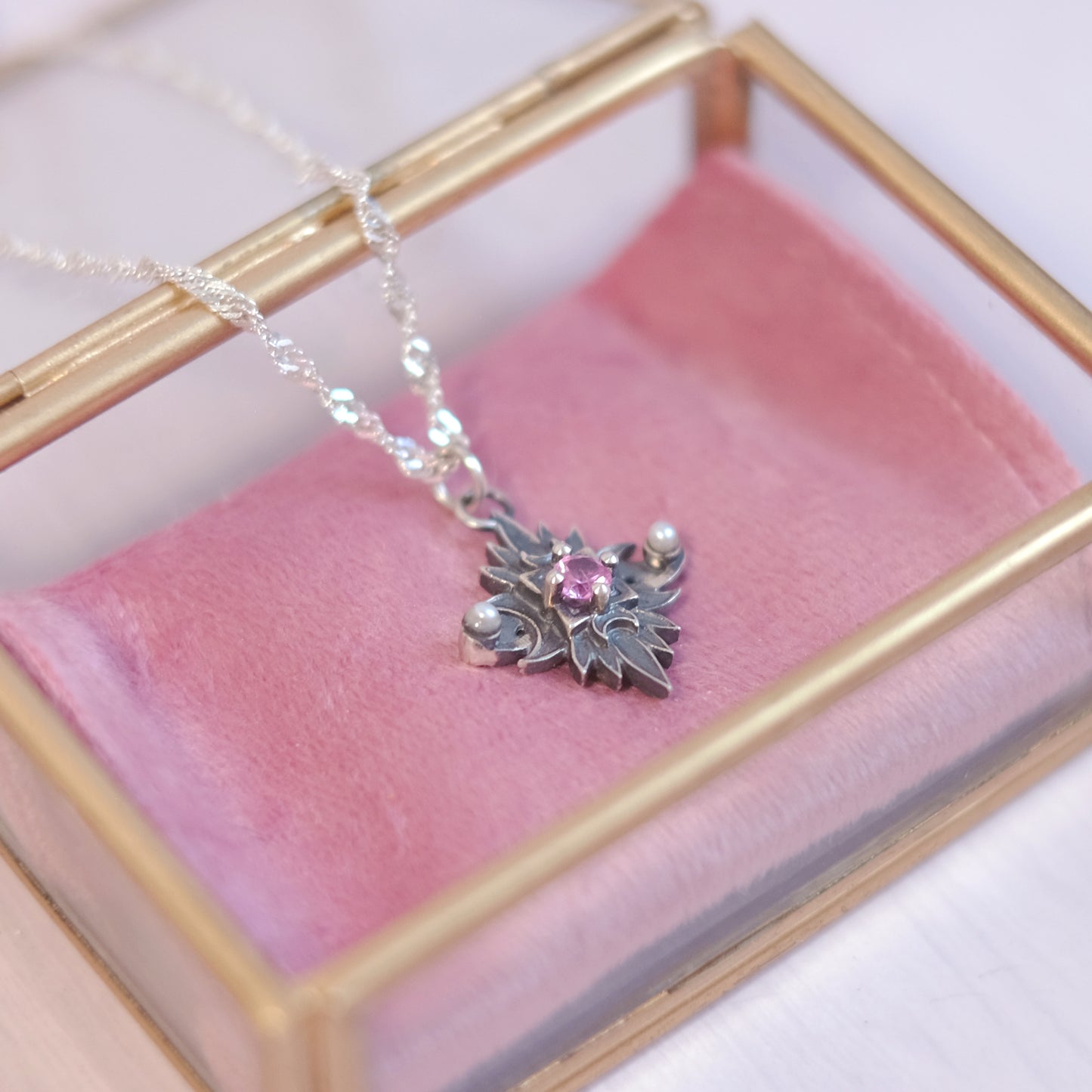 Sterling Silver Starbound Necklace Pink version with sapphire & pearls