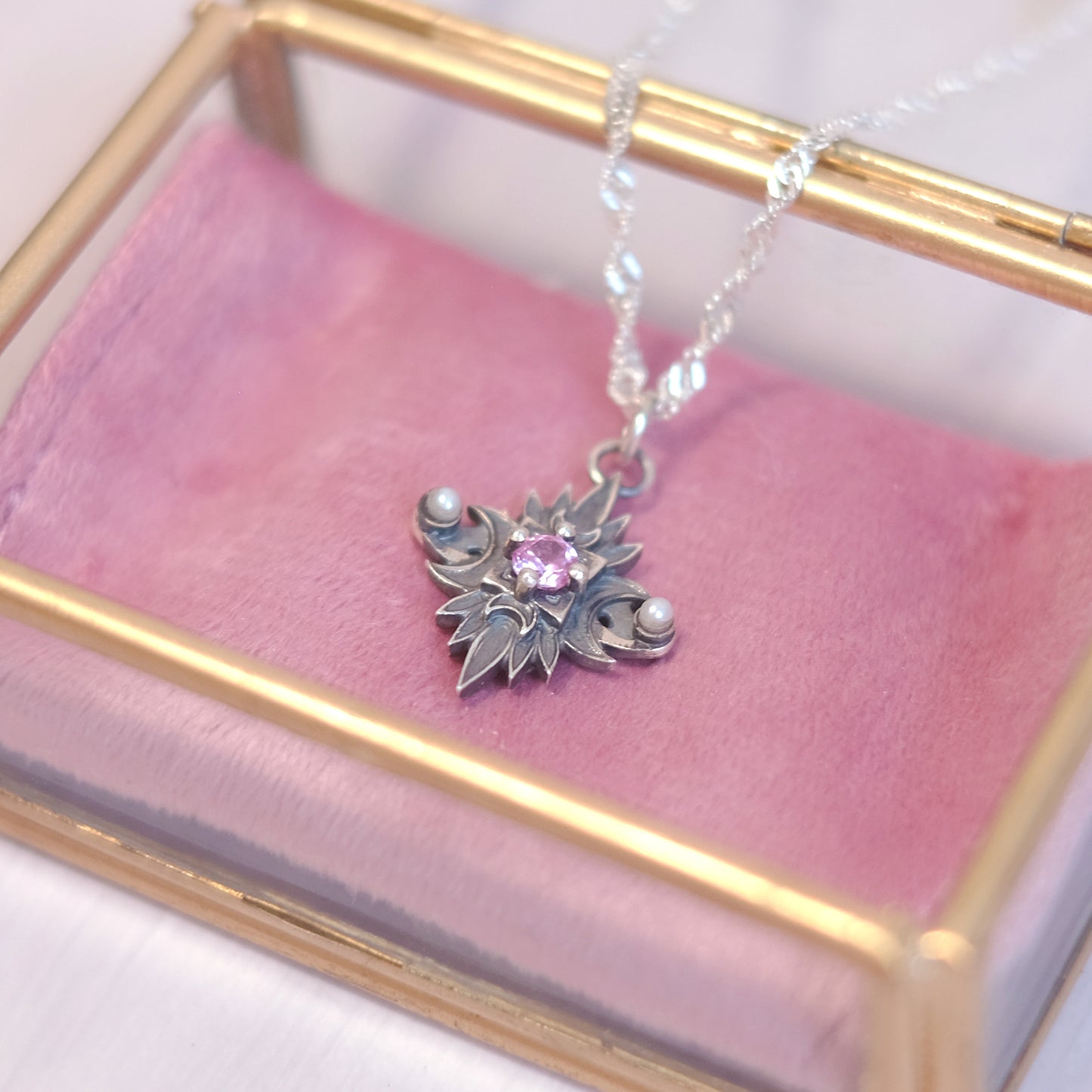 Sterling Silver Starbound Necklace Pink version with sapphire & pearls
