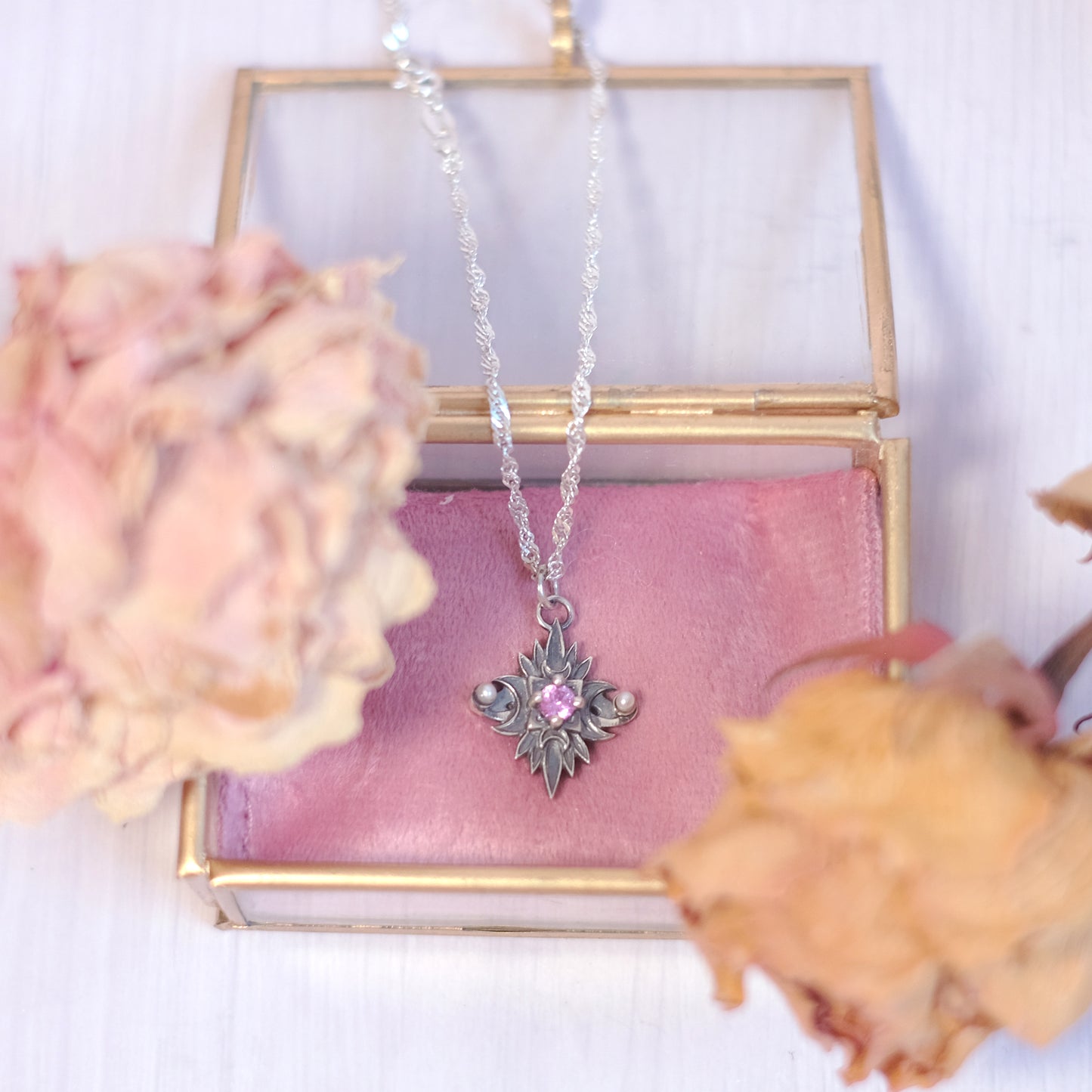 Sterling Silver Starbound Necklace Pink version with sapphire & pearls