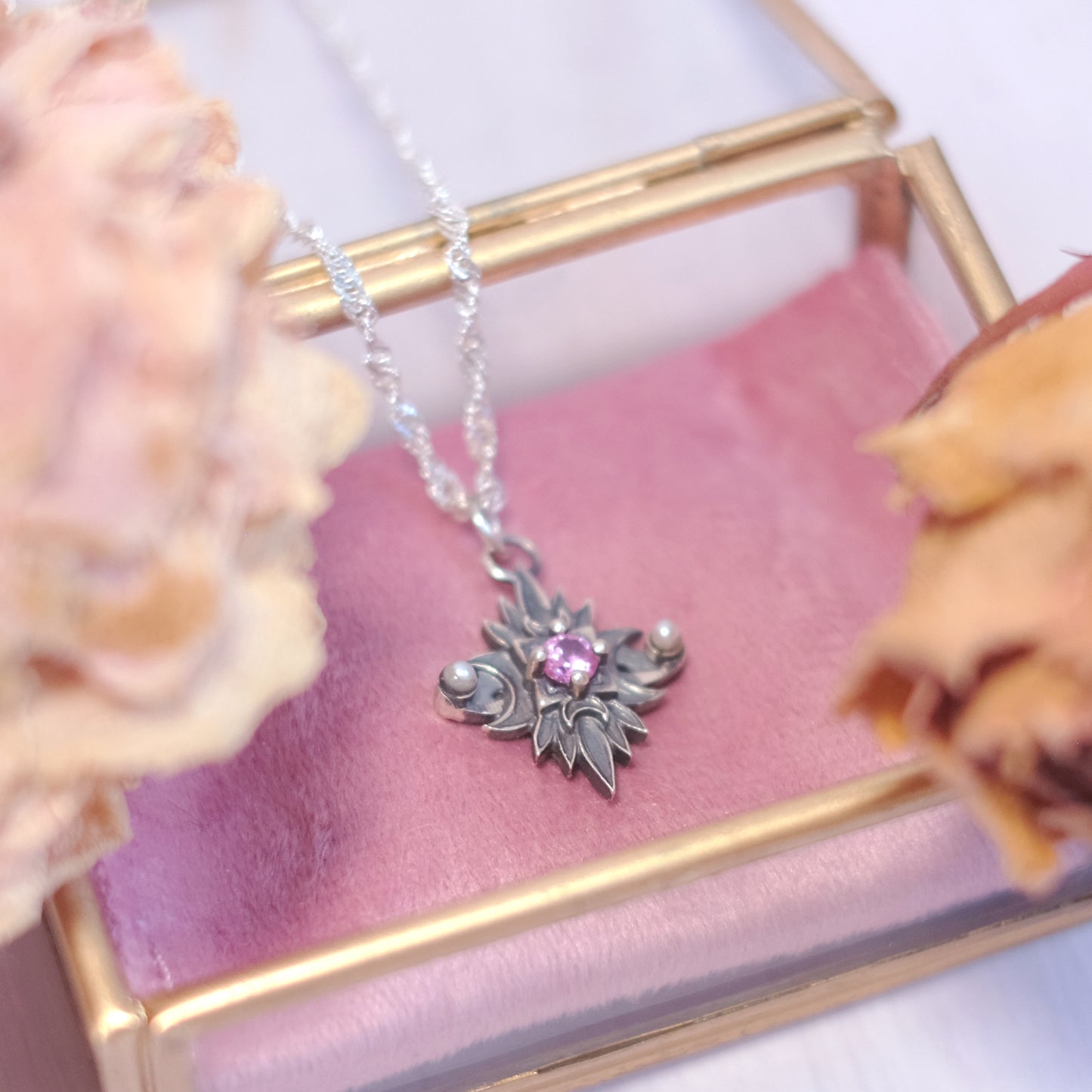 Sterling Silver Starbound Necklace Pink version with sapphire & pearls