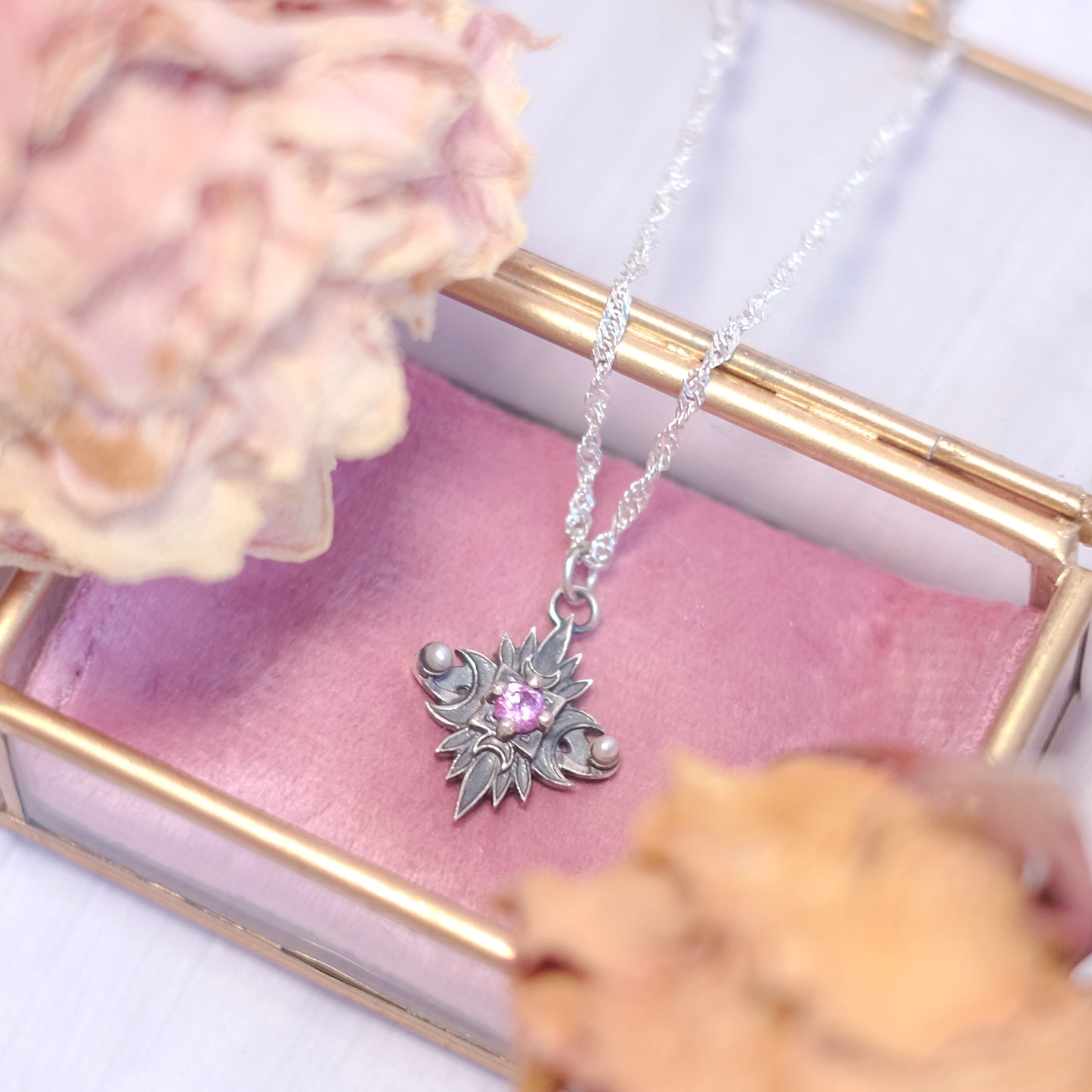Sterling Silver Starbound Necklace Pink version with sapphire & pearls