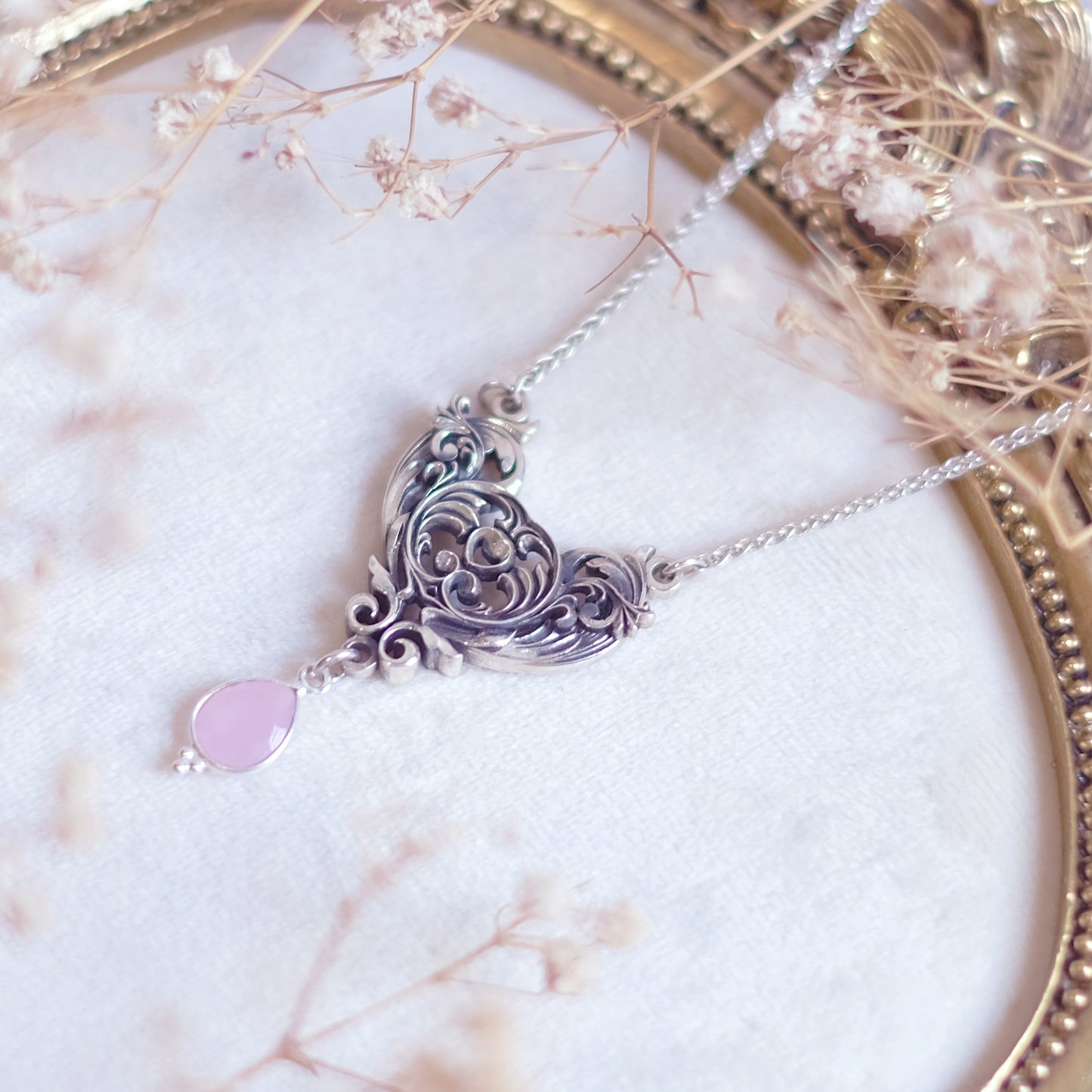Sterling Silver Art Nouveau Heart Necklace pink chalcedony version