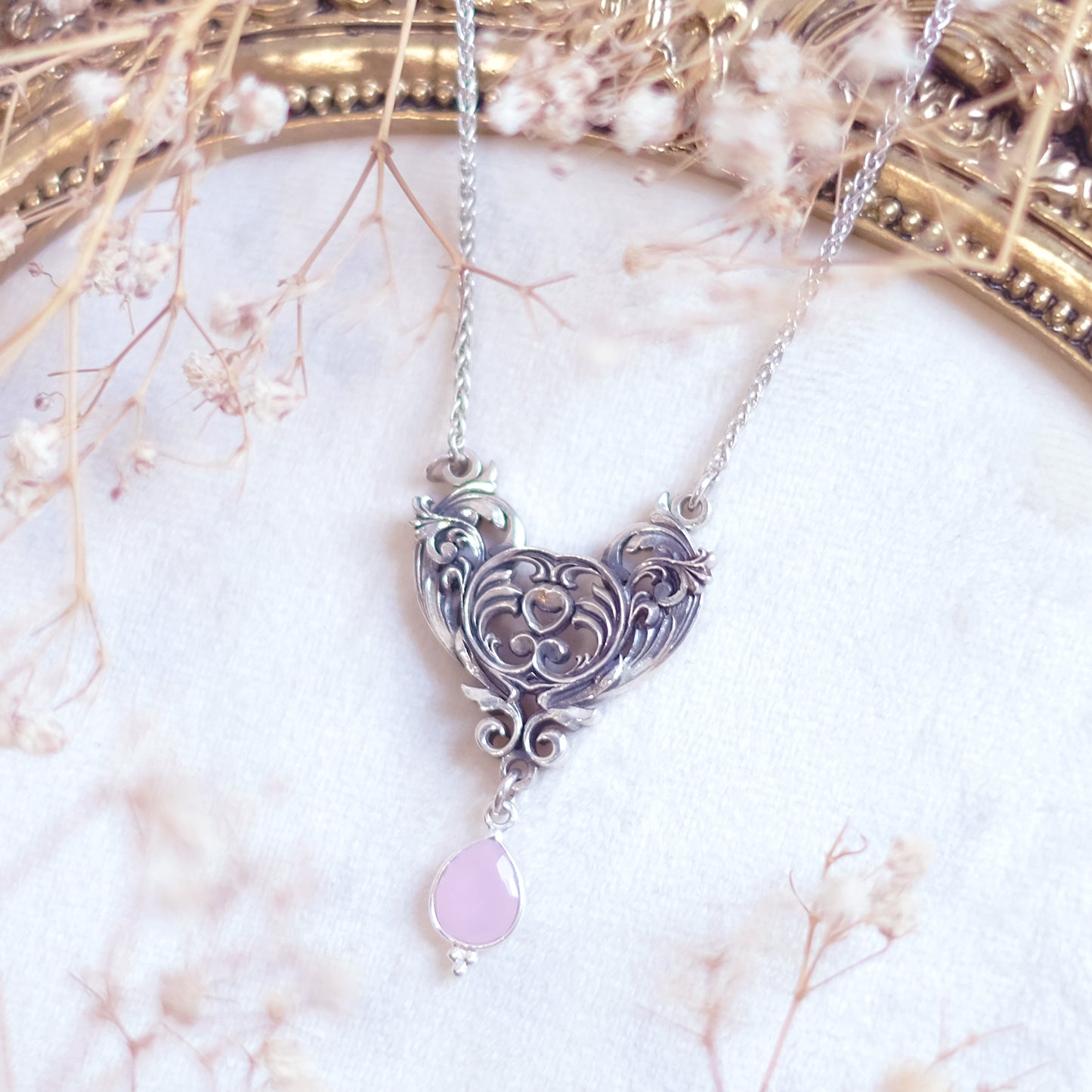 Sterling Silver Art Nouveau Heart Necklace pink chalcedony version