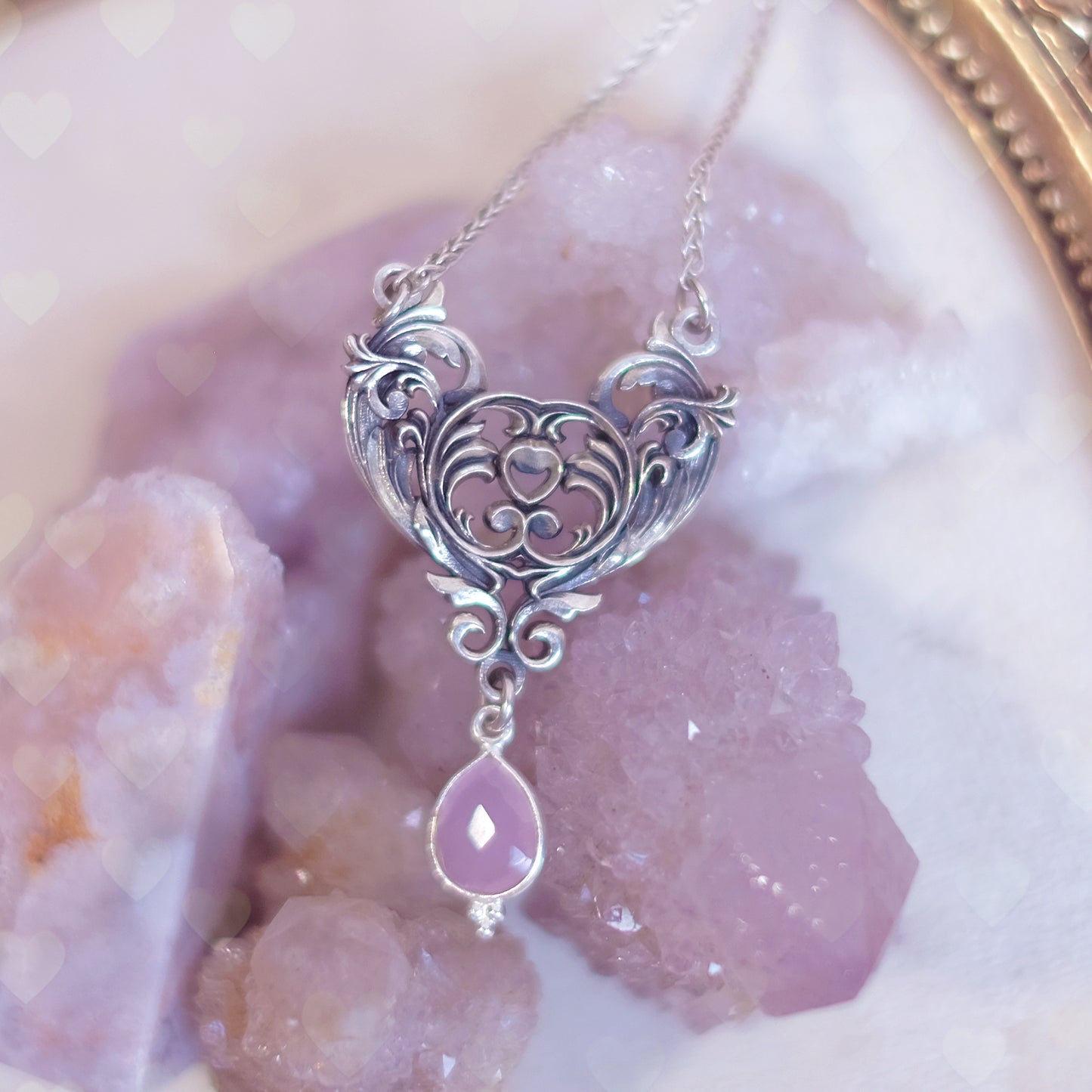 Sterling Silver Art Nouveau Heart Necklace pink chalcedony version