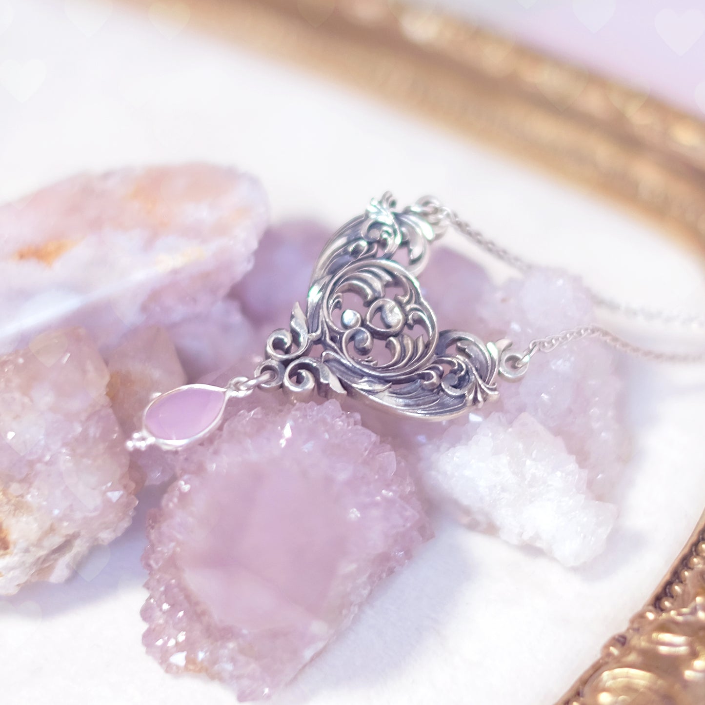 Sterling Silver Art Nouveau Heart Necklace pink chalcedony version