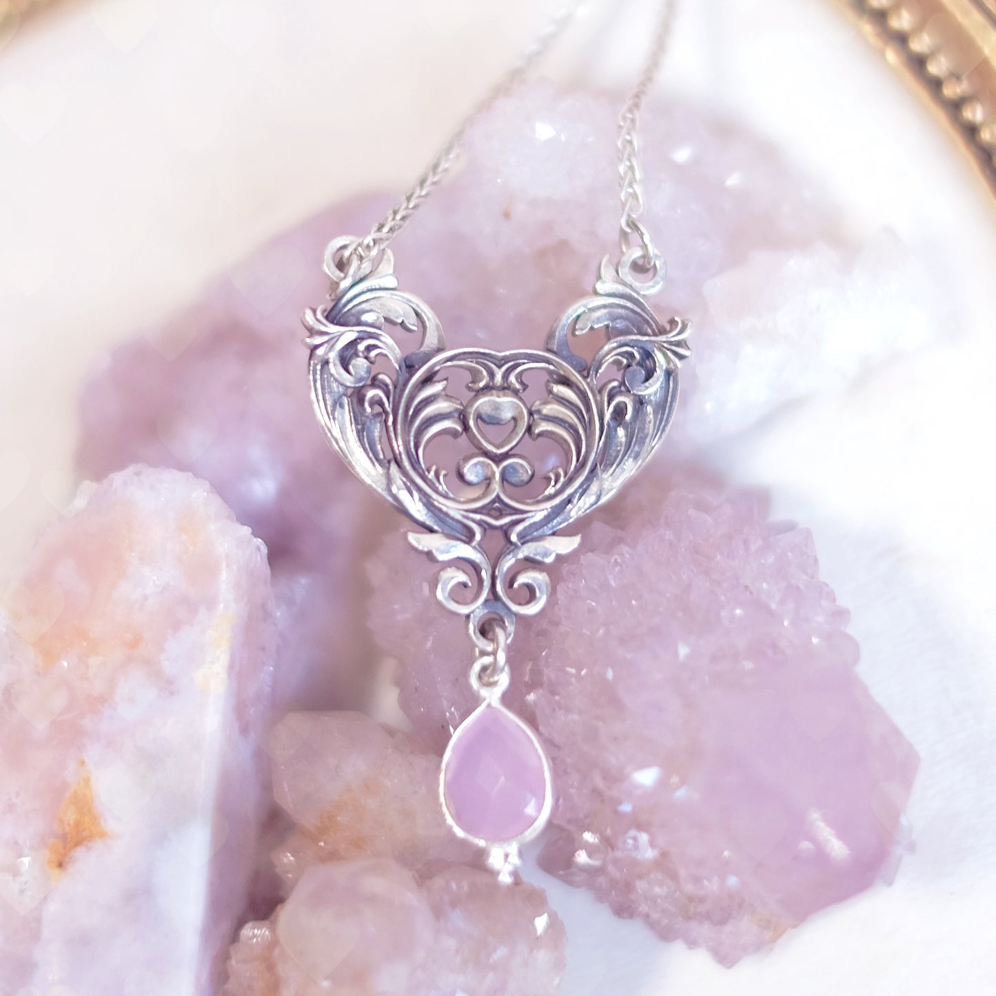 Sterling Silver Art Nouveau Heart Necklace pink chalcedony version