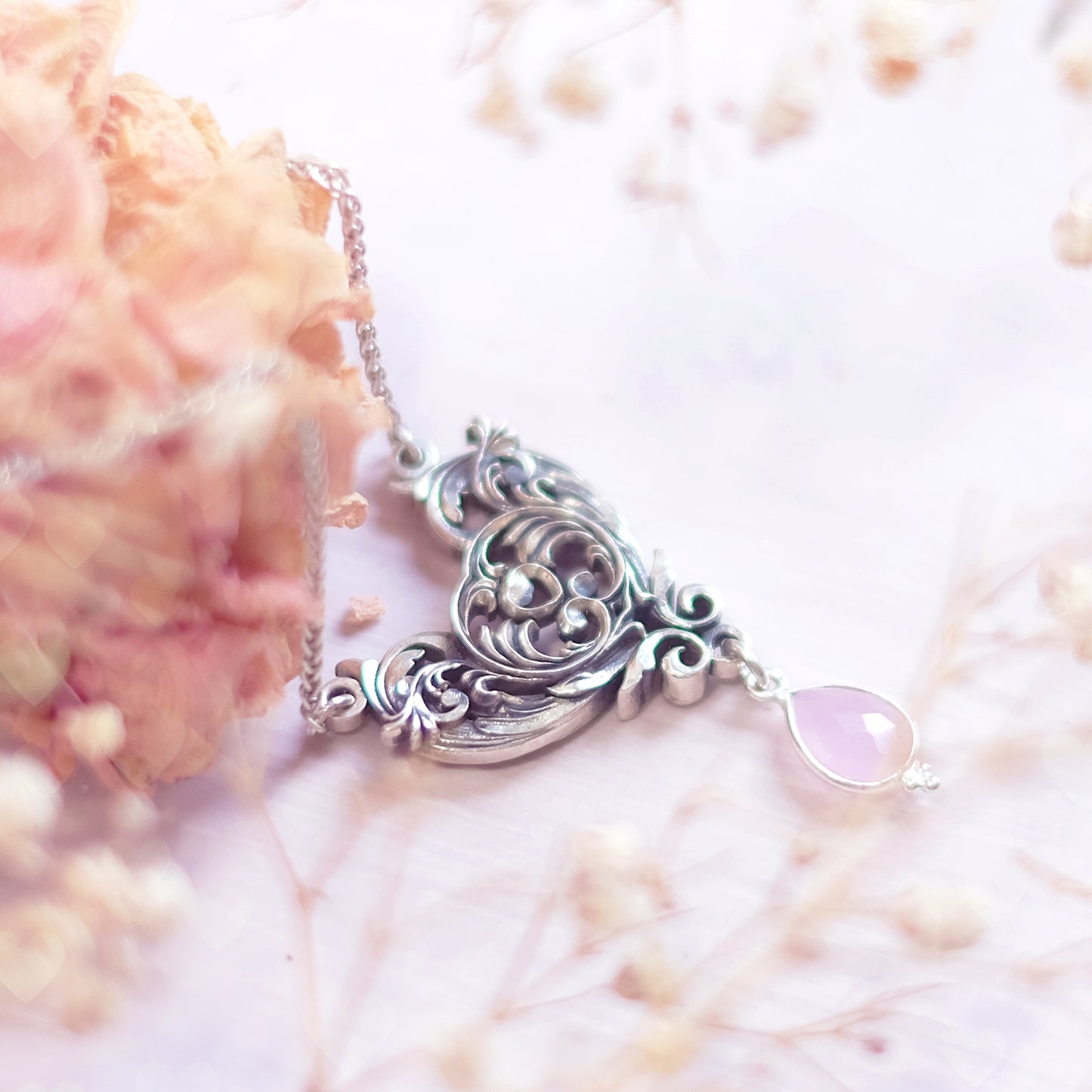 Sterling Silver Art Nouveau Heart Necklace pink chalcedony version