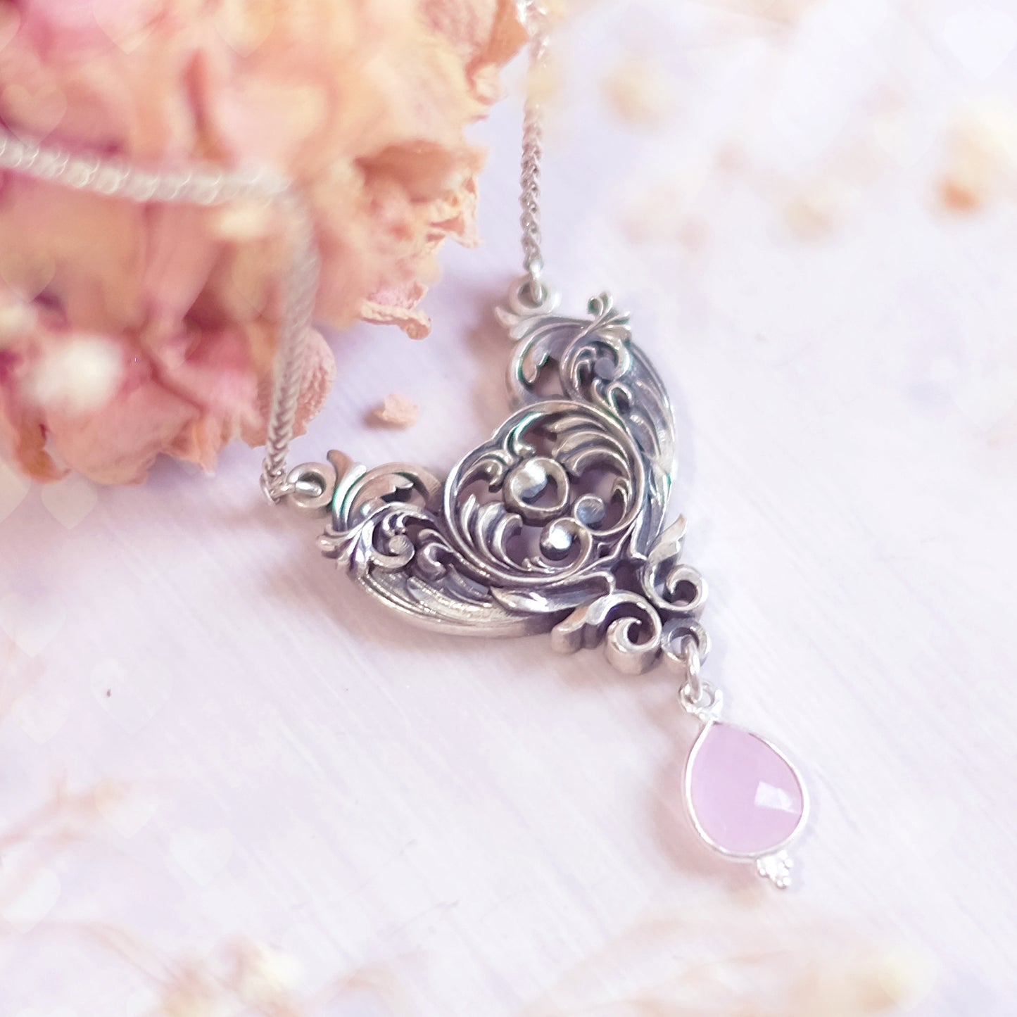 Sterling Silver Art Nouveau Heart Necklace pink chalcedony version