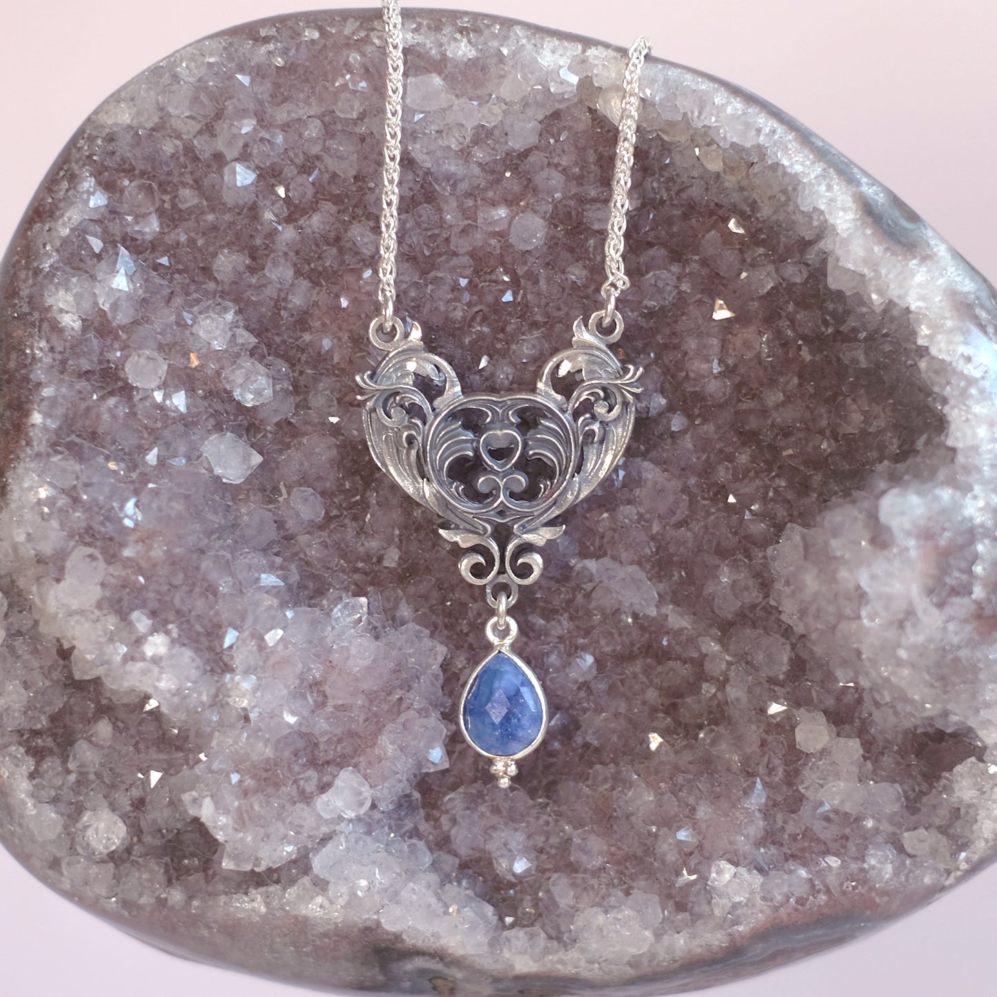 Sterling Silver Art Nouveau Heart Necklace blue sapphire version