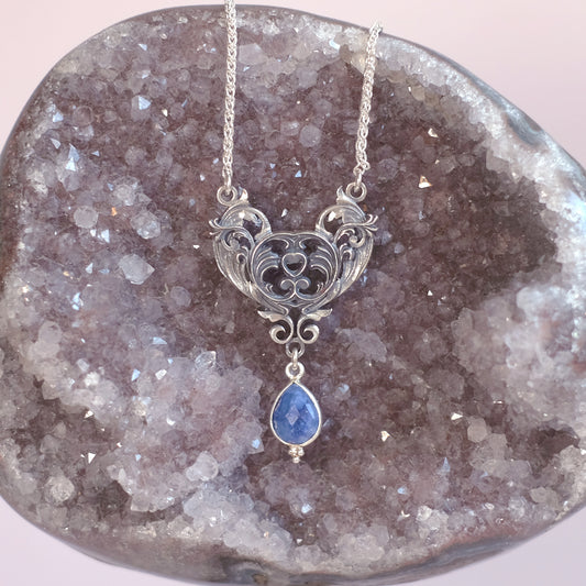 Sterling Silver Art Nouveau Heart Necklace blue sapphire version