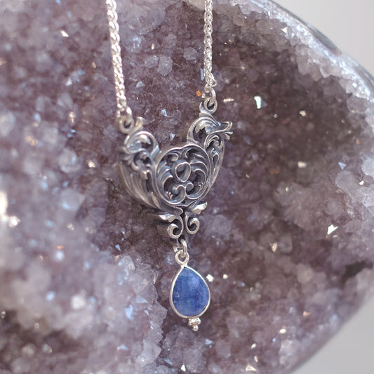 Sterling Silver Art Nouveau Heart Necklace blue sapphire version