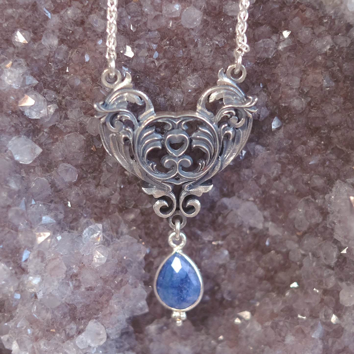 Sterling Silver Art Nouveau Heart Necklace blue sapphire version
