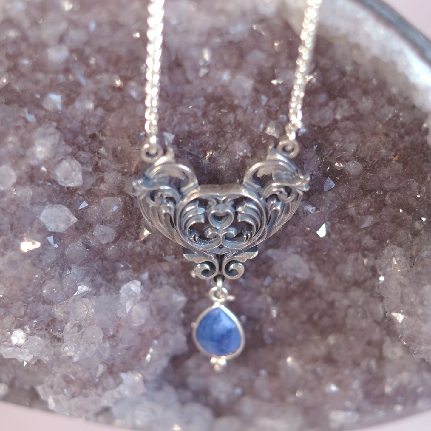 Sterling Silver Art Nouveau Heart Necklace blue sapphire version