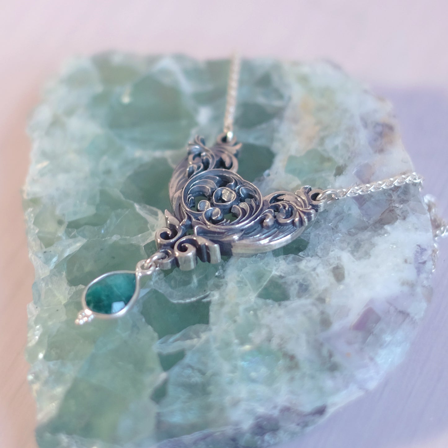 Sterling Silver Art Nouveau Heart Necklace green emerald version