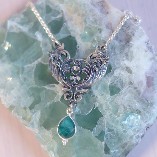 Sterling Silver Art Nouveau Heart Necklace green emerald version
