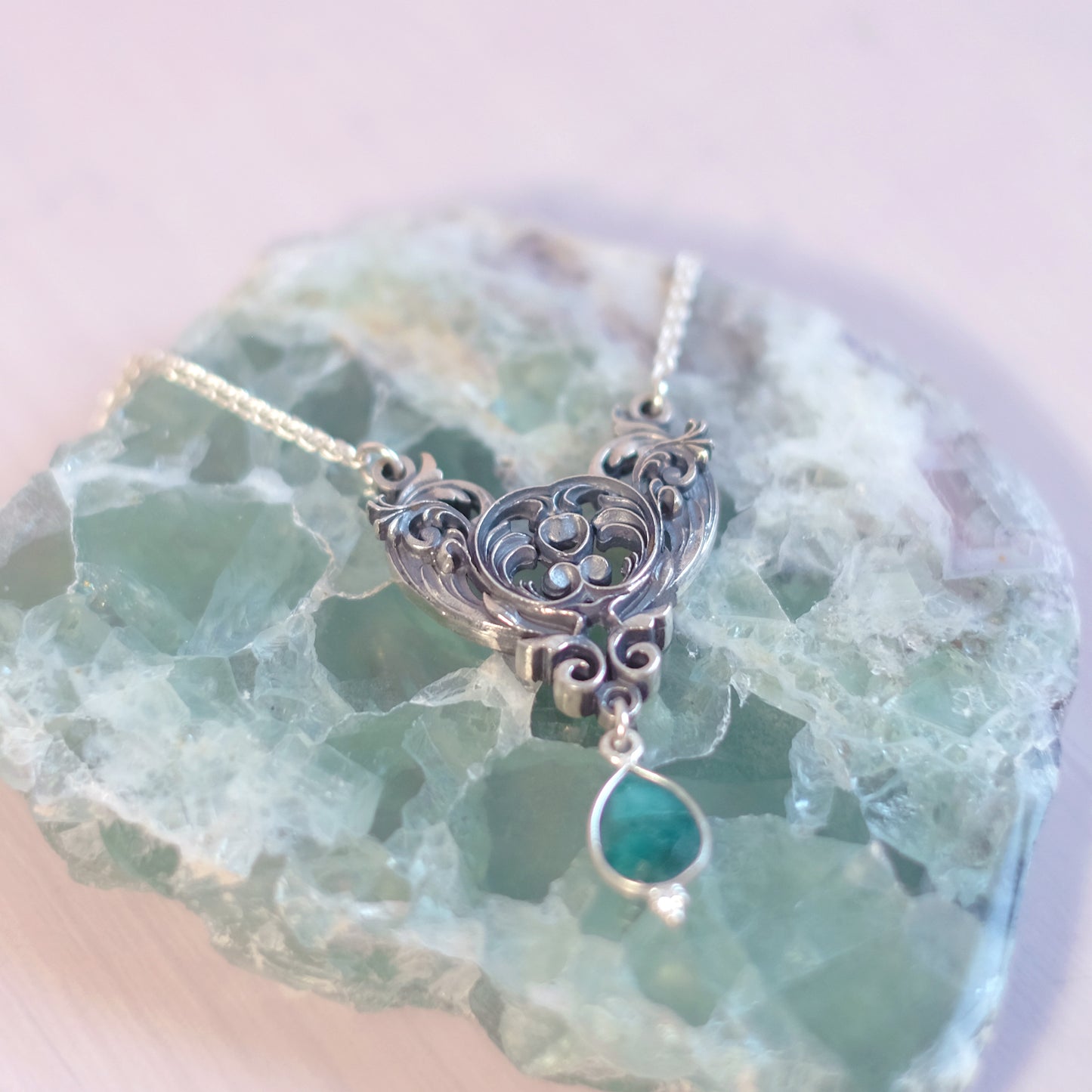 Sterling Silver Art Nouveau Heart Necklace green emerald version