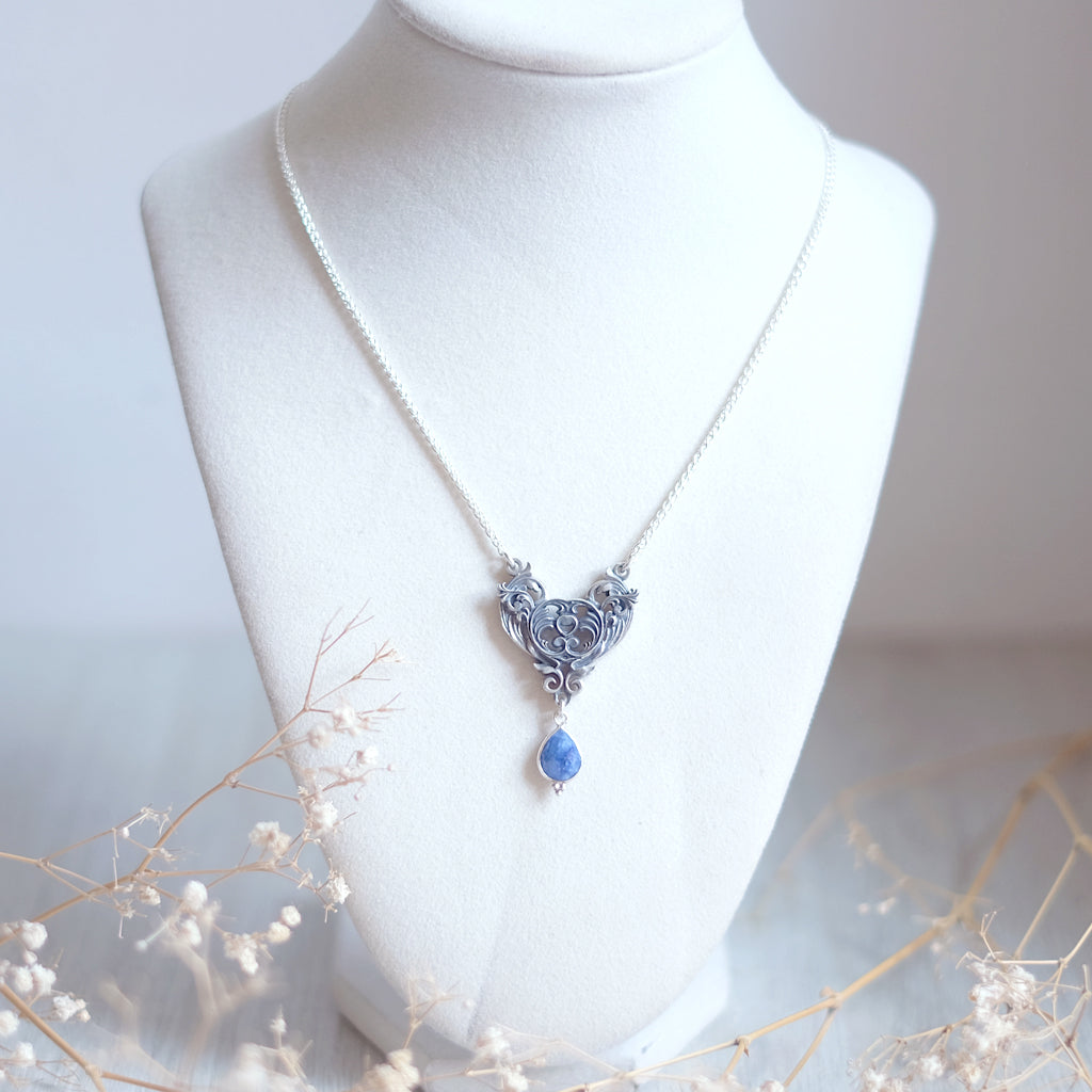 Sterling Silver Art Nouveau Heart Necklace blue sapphire version