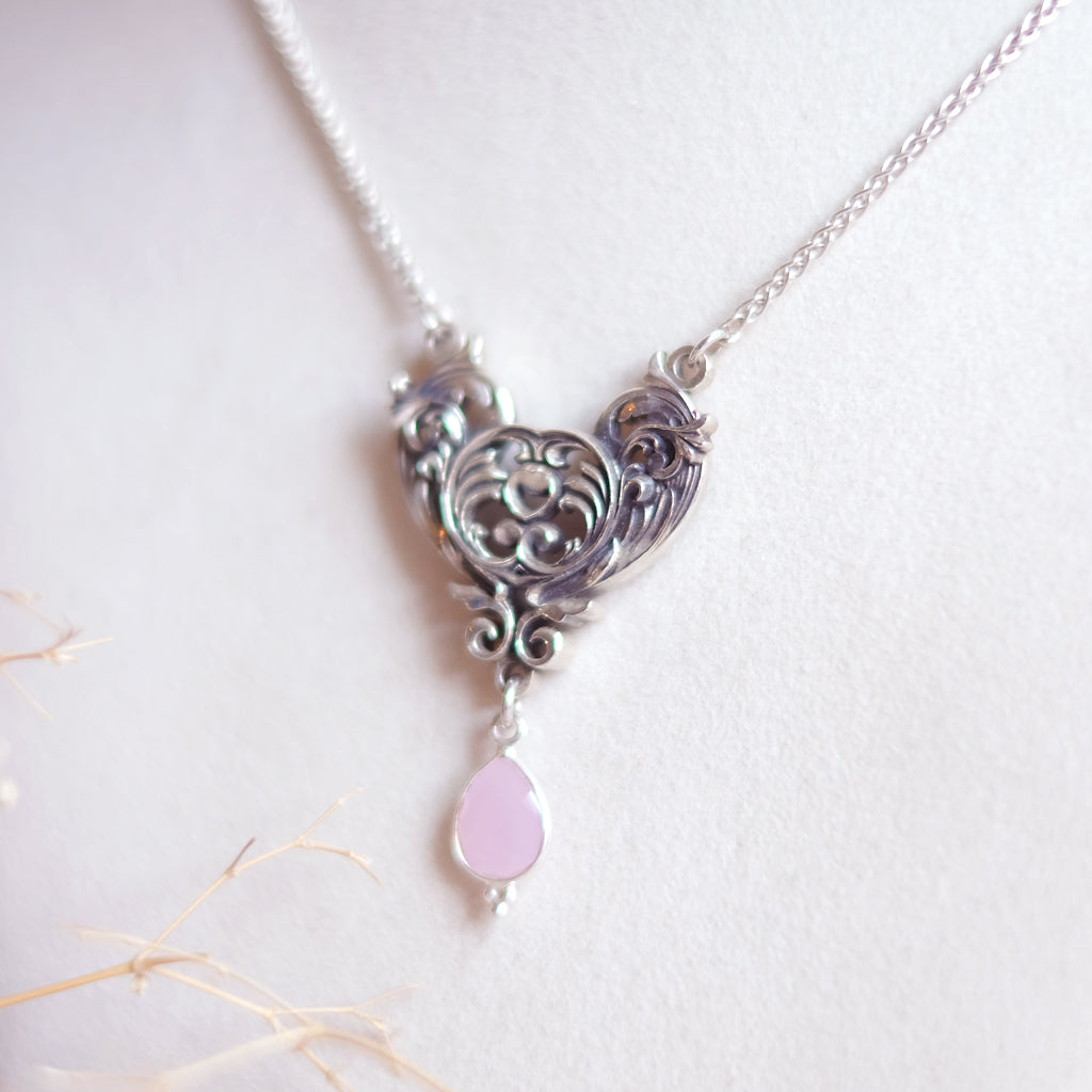 Sterling Silver Art Nouveau Heart Necklace pink chalcedony version
