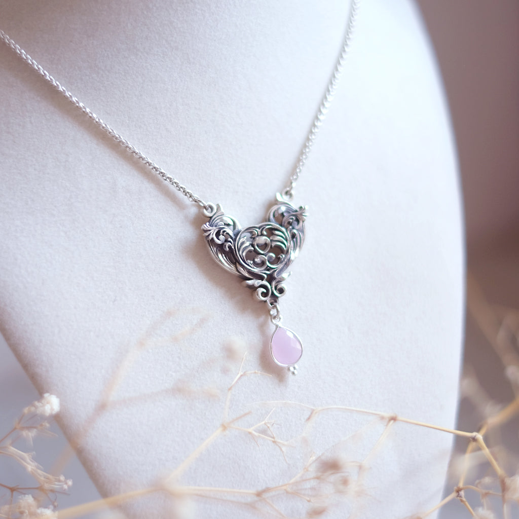 Sterling Silver Art Nouveau Heart Necklace pink chalcedony version
