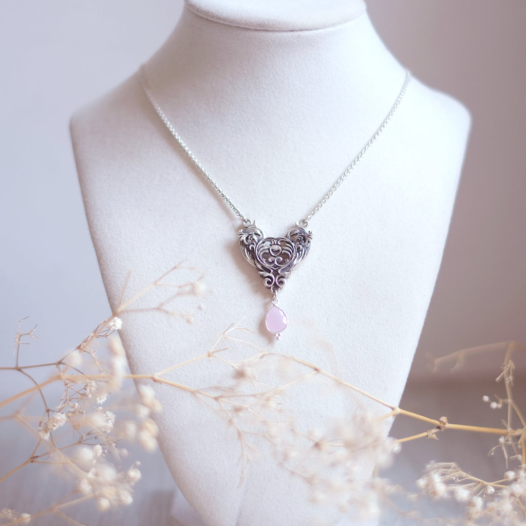 Sterling Silver Art Nouveau Heart Necklace pink chalcedony version