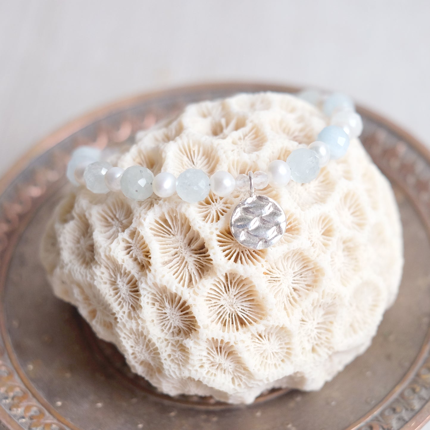 Aquamarine and fresh water pearls – sterling silver bracelet