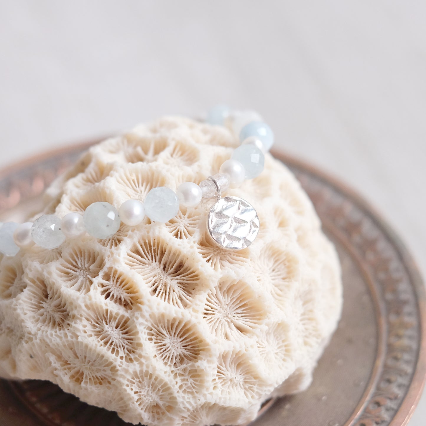 Aquamarine and fresh water pearls – sterling silver bracelet