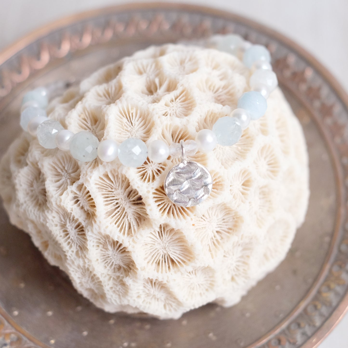 Aquamarine and fresh water pearls – sterling silver bracelet