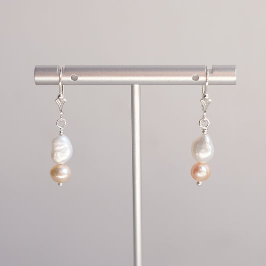 Sterling Silver Earrings with White and Coral Freshwater Pearls