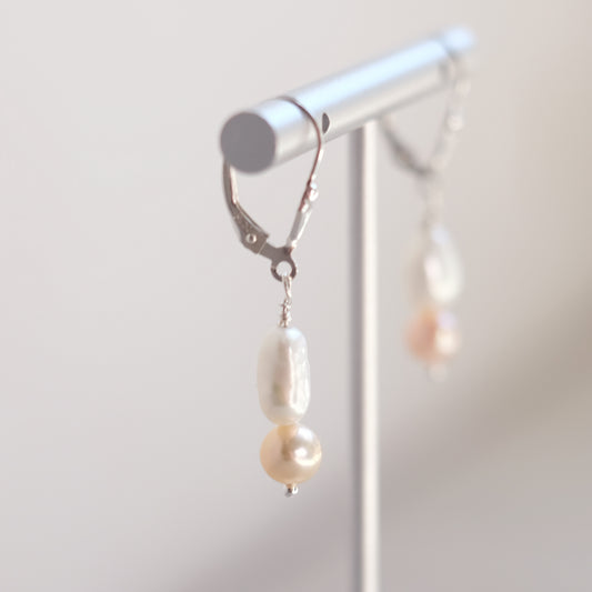 Sterling Silver Earrings with White and Coral Freshwater Pearls