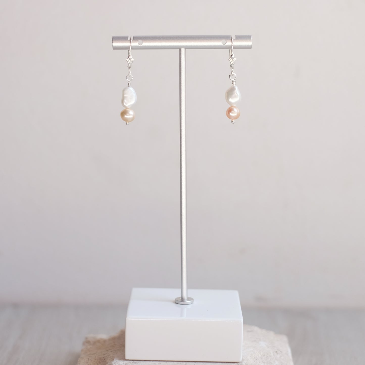 Sterling Silver Earrings with White and Coral Freshwater Pearls