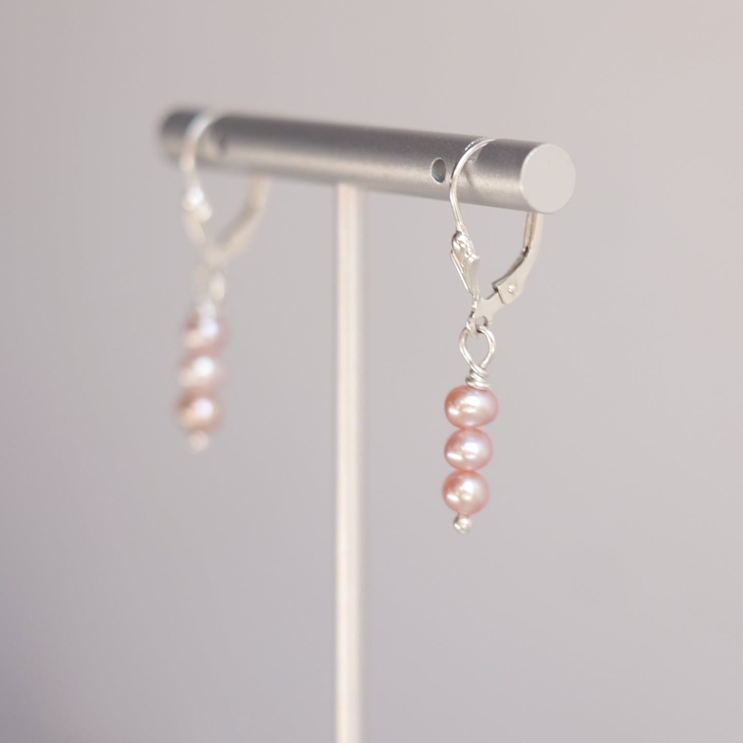 Sterling Silver Earrings with Three Blush Pink Freshwater Pearls