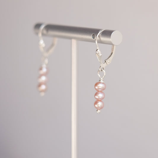 Sterling Silver Earrings with Three Blush Pink Freshwater Pearls