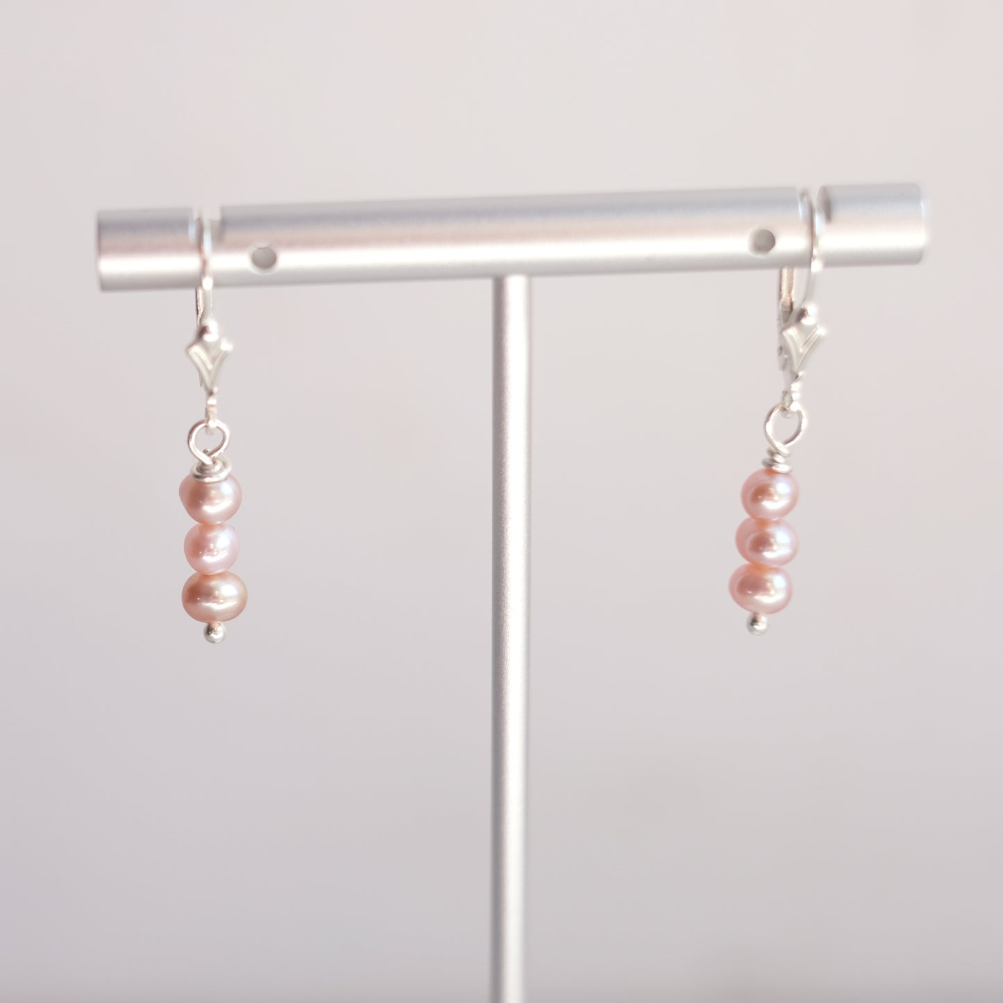 Sterling Silver Earrings with Three Blush Pink Freshwater Pearls