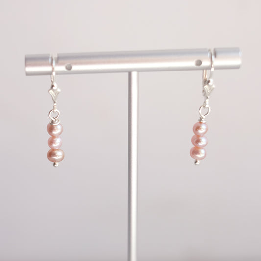 Sterling Silver Earrings with Three Blush Pink Freshwater Pearls