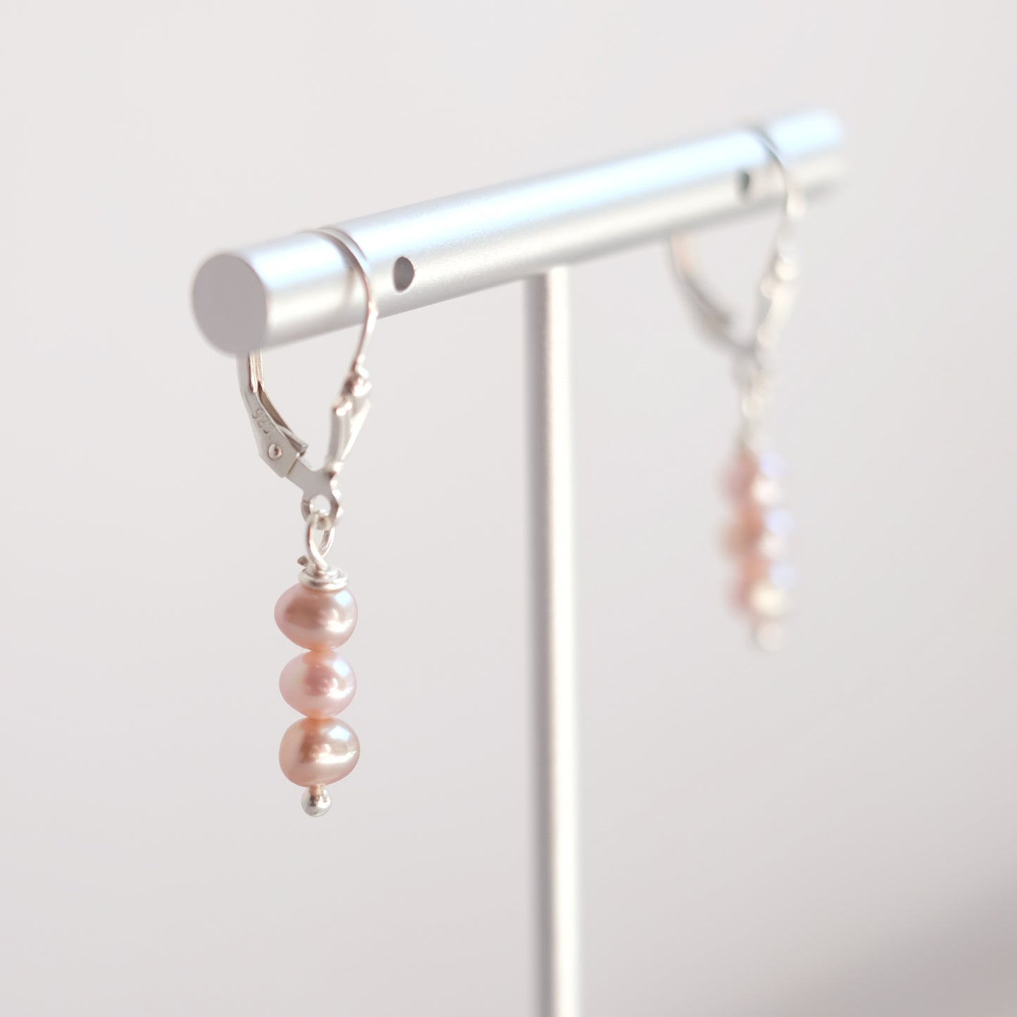 Sterling Silver Earrings with Three Blush Pink Freshwater Pearls