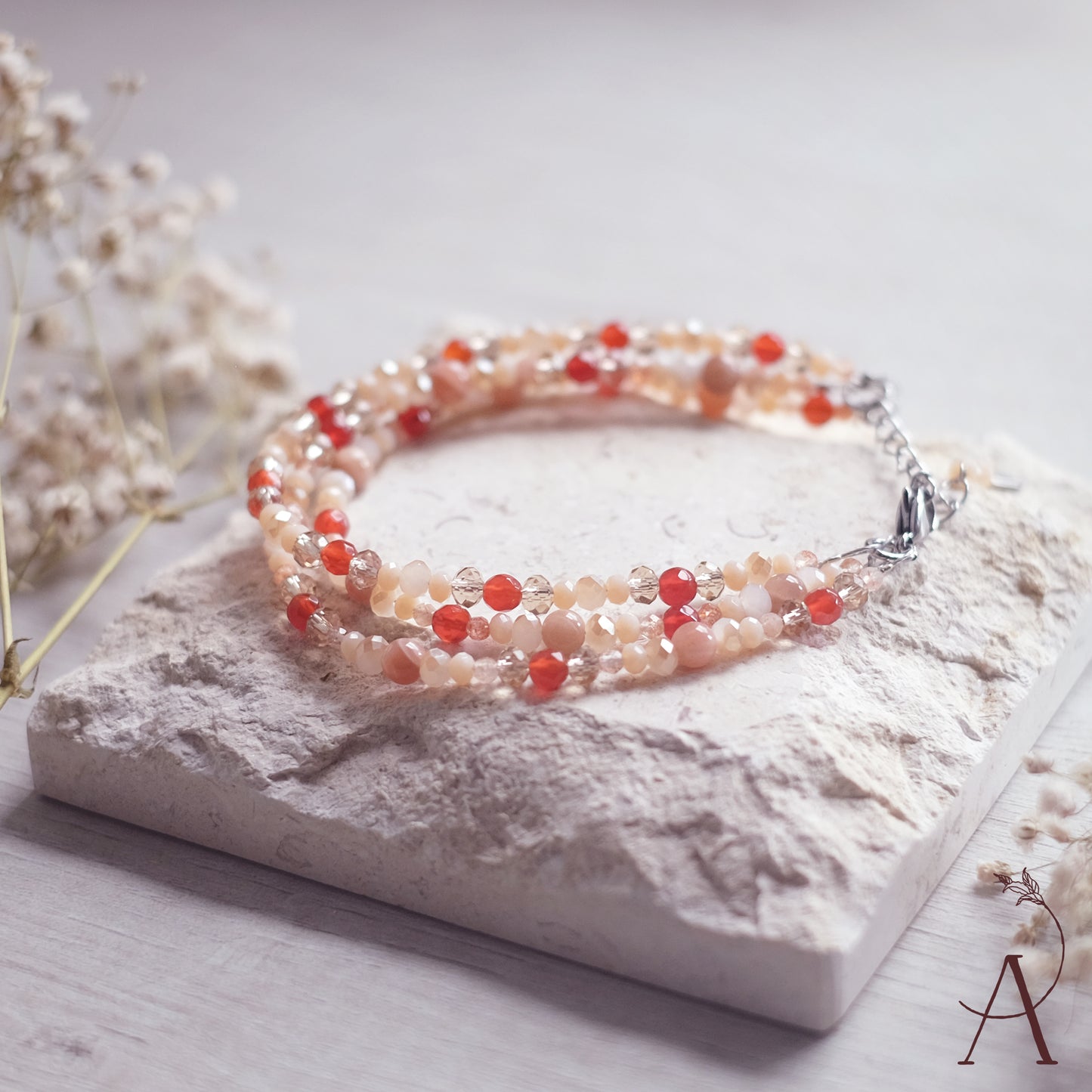 Stainless Steel Bracelet with Sunstone and Carnelian