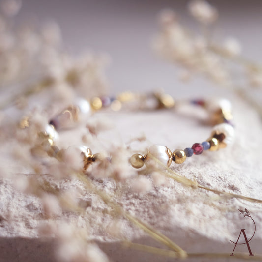 Stainless Steel Bracelet with Natural Pearls, Garnet & Sodalite