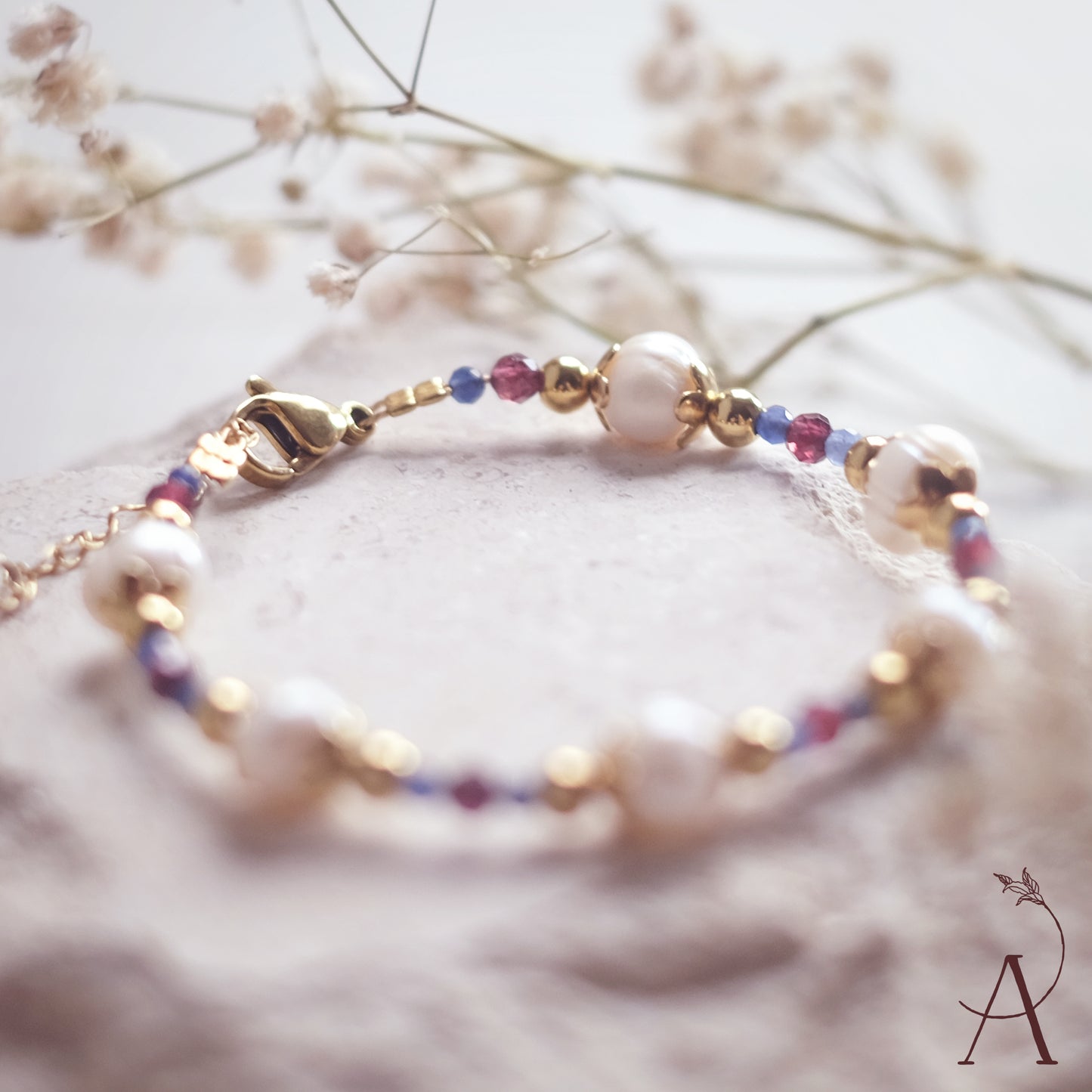 Stainless Steel Bracelet with Natural Pearls, Garnet & Sodalite